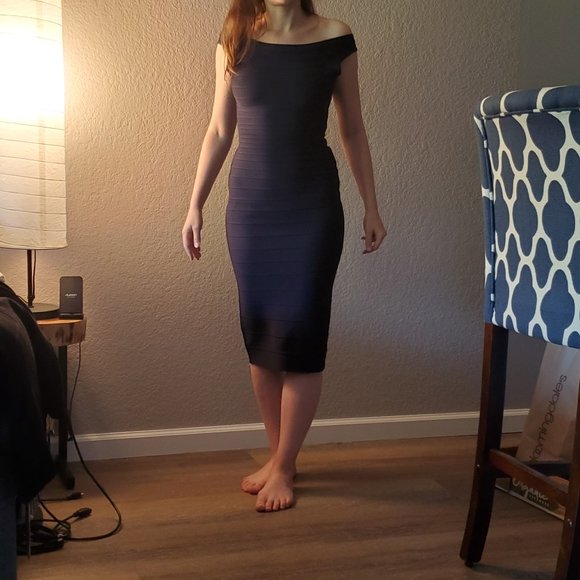 HERVE LEGER ARDELL BOAT-NECK BANDAGE DRESS in NAVY - Picture 6 of 8